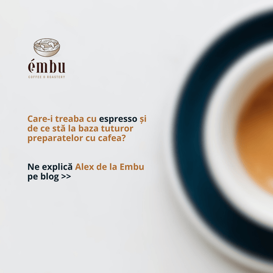 Jumătate de ceașcă de cafea cu text despre importanța espresso-ului în cafeaua de specialitate.